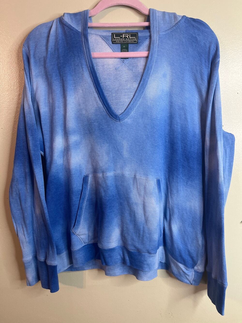 Lauren Active Ralph Lauren Waffle Knit V-Neck Hoodie Blue Tie Dye Sweatshirt XL